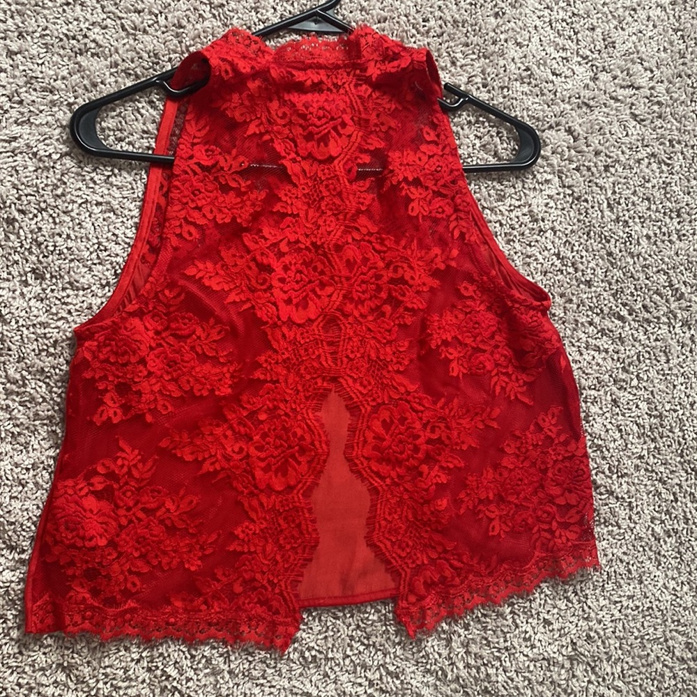 **sold** Free People open back red lace and polyester top